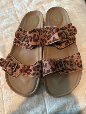 R2 Leopard-Print Buckle Slide Sandals in Brown without shoe box